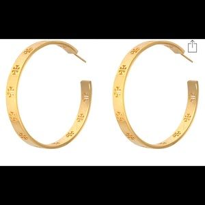 Tory Burch Pierced T Logo Hoop Earrings Gold NWT